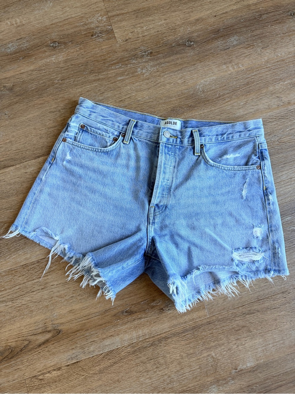 Agolde Parker Long Light Blue Distressed High-Rise Denim Shorts - Picture 6 of 9